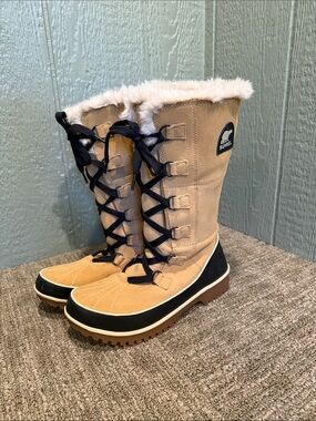 Sorel Tall Lace-Up Winter Boots in Tan with Black Trim